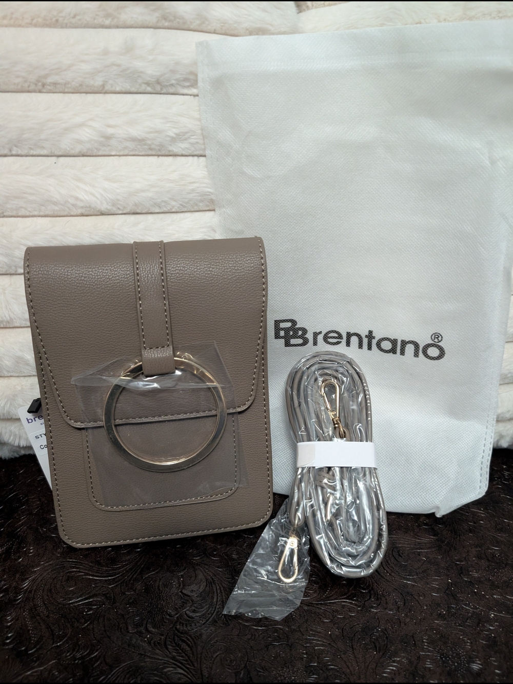 Brentano Taupe Pebble Leather Crossbody Bag with Gold Ring